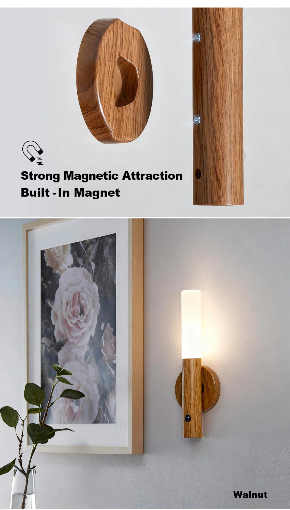 Applique Murale Magnétique en Bois, Capteur de Mouvement PIR, Rotation à 360°, Rechargeable par USB. - Lumeria
