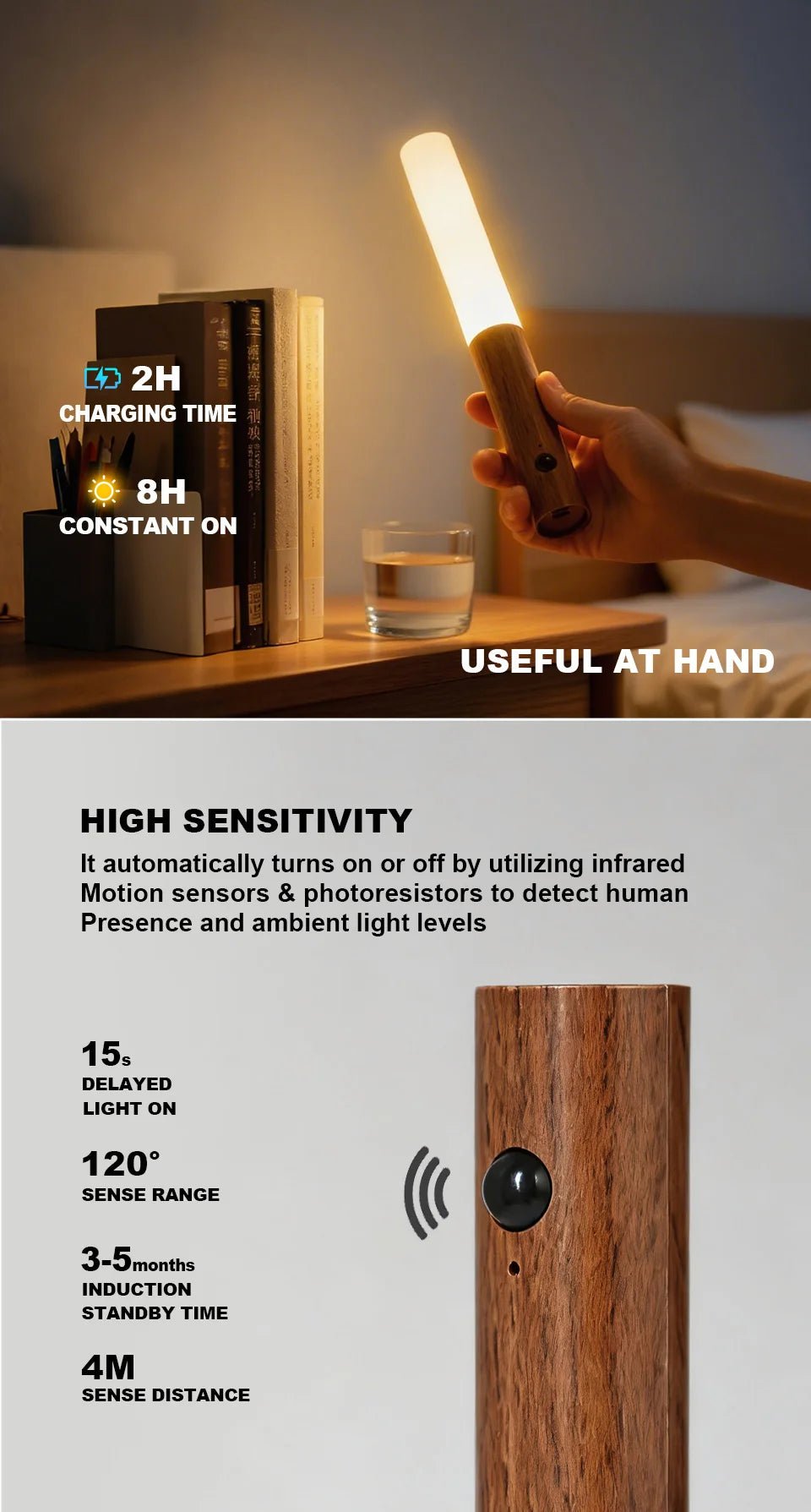 Applique Murale Magnétique en Bois, Capteur de Mouvement PIR, Rotation à 360°, Rechargeable par USB. - Lumeria