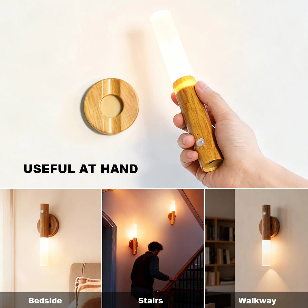 Applique Murale Magnétique en Bois, Capteur de Mouvement PIR, Rotation à 360°, Rechargeable par USB. - Lumeria