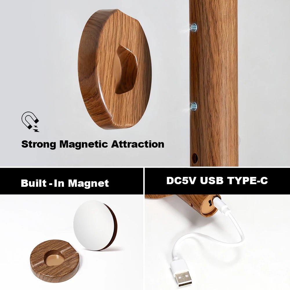 Applique Murale Magnétique en Bois, Capteur de Mouvement PIR, Rotation à 360°, Rechargeable par USB. - Lumeria