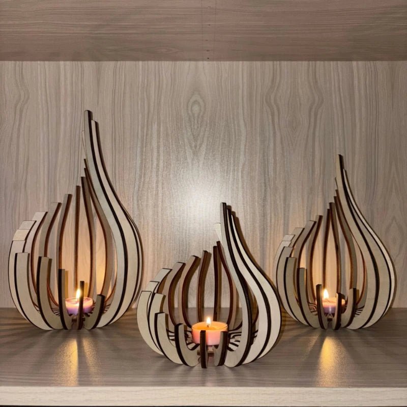 Bougeoir sculpté en bois forme flamme avec lumière jaune chaleureuse - Lumeria