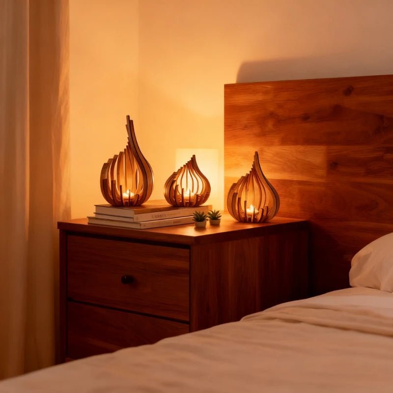 Bougeoir sculpté en bois forme flamme avec lumière jaune chaleureuse - Lumeria
