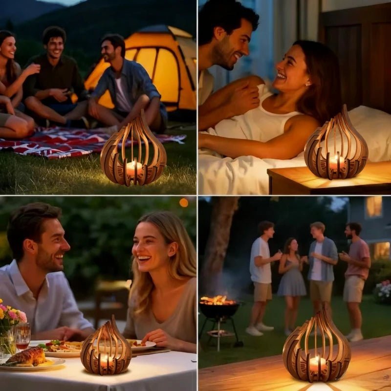 Bougeoir sculpté en bois forme flamme avec lumière jaune chaleureuse - Lumeria