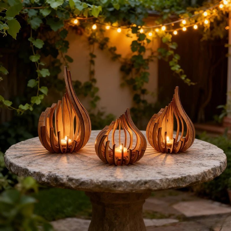 Bougeoir sculpté en bois forme flamme avec lumière jaune chaleureuse - Lumeria