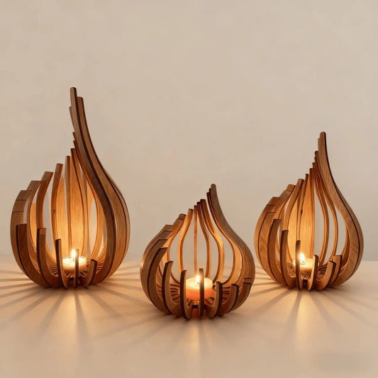 Bougeoir sculpté en bois forme flamme avec lumière jaune chaleureuse - Lumeria
