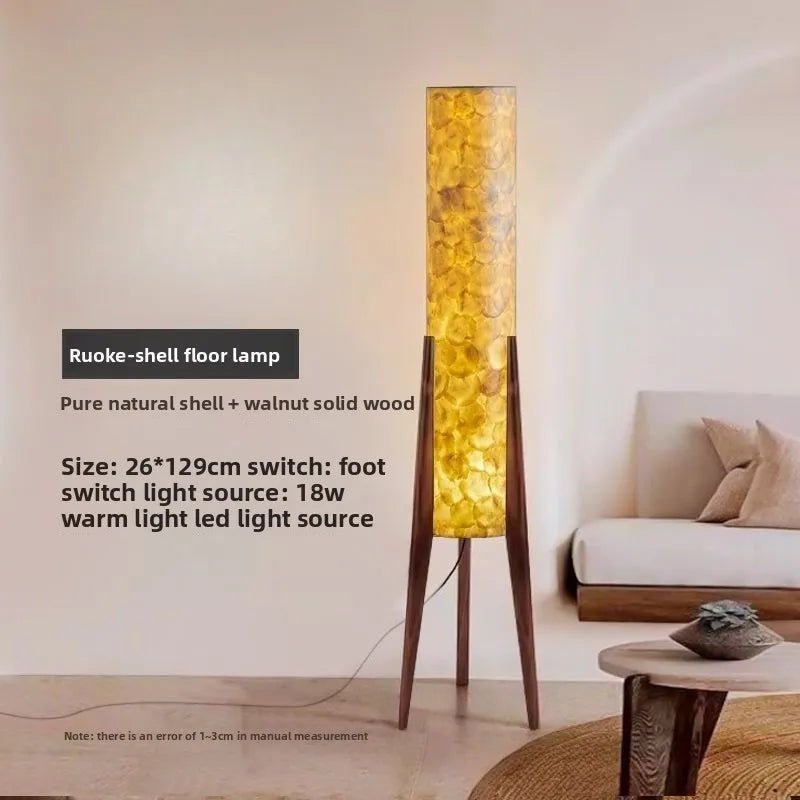 Lampadaire en noyer massif avec abat - jour rond en tissu dimmable - Lumeria