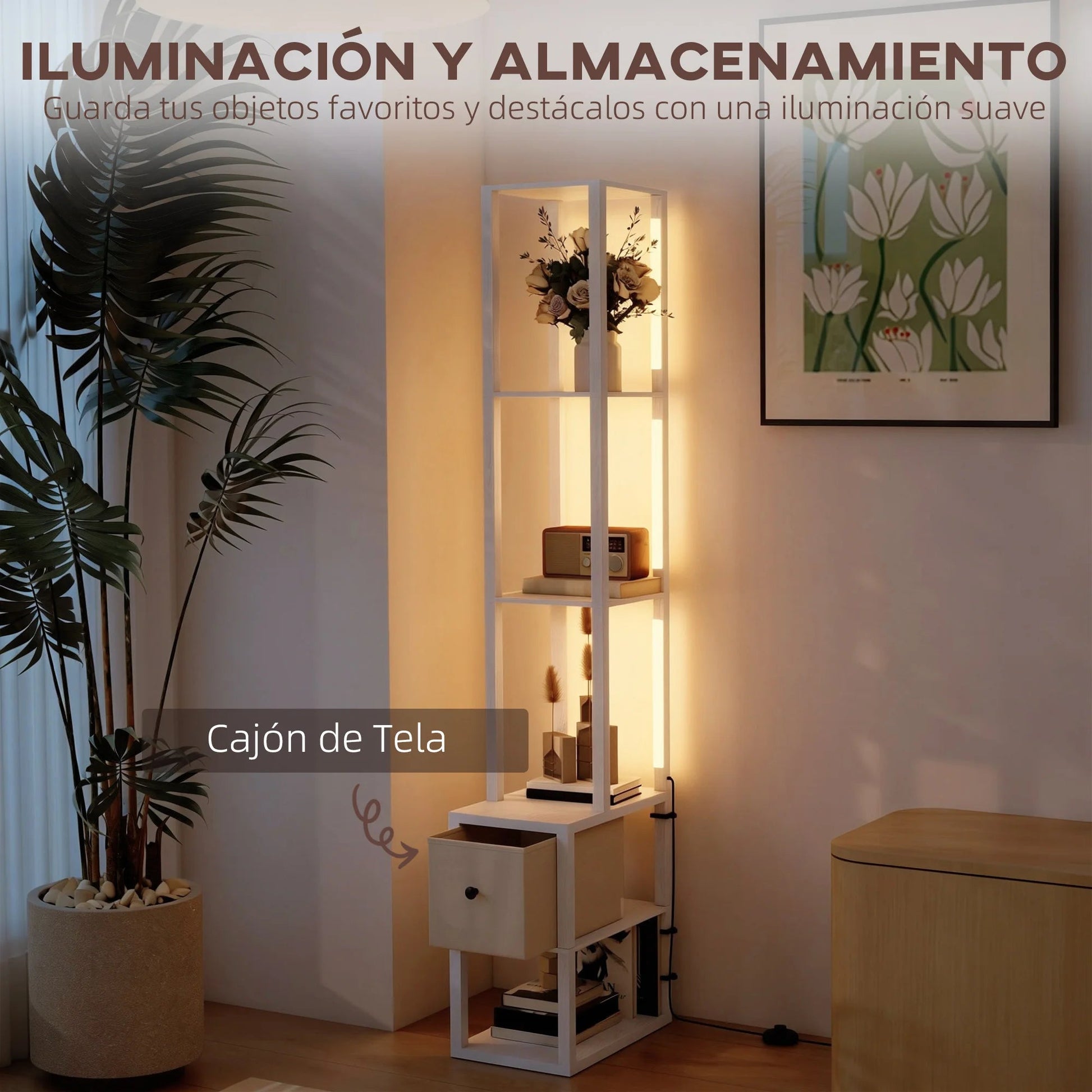 Lampadaire LED dimmable avec étagères ouvertes et tiroir textile blanc - Lumeria