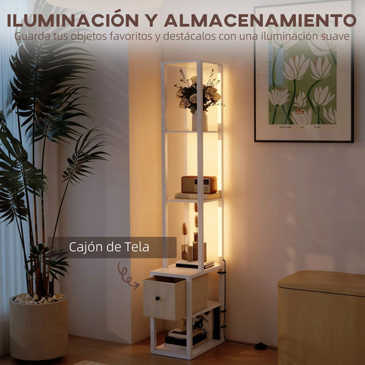 Lampadaire LED dimmable avec étagères ouvertes et tiroir textile blanc - Lumeria