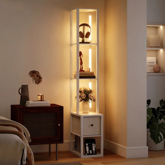 Lampadaire LED dimmable avec étagères ouvertes et tiroir textile blanc - Lumeria