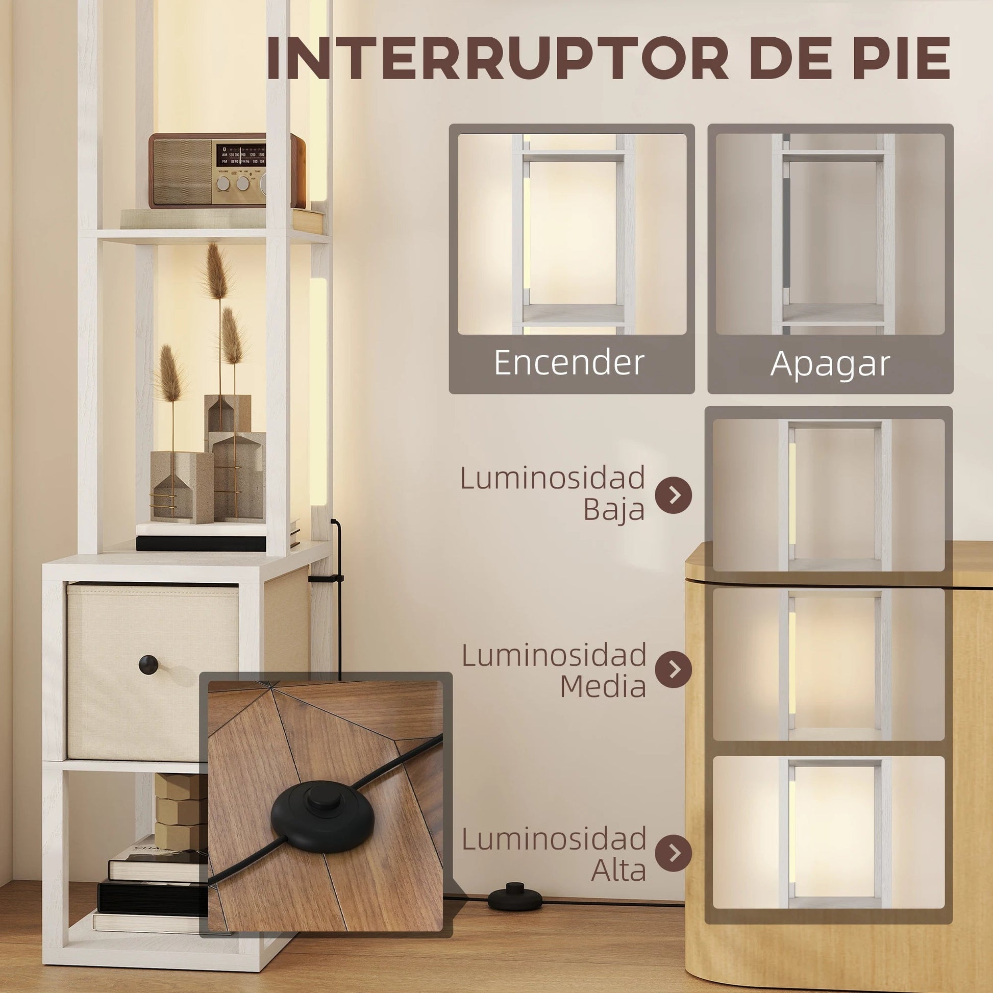 Lampadaire LED dimmable avec étagères ouvertes et tiroir textile blanc - Lumeria
