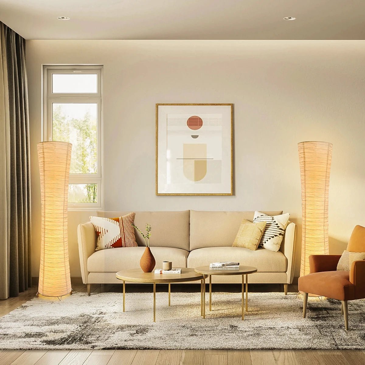 Lampadaire minimaliste en papier de riz tricolore avec variateur - Lumeria