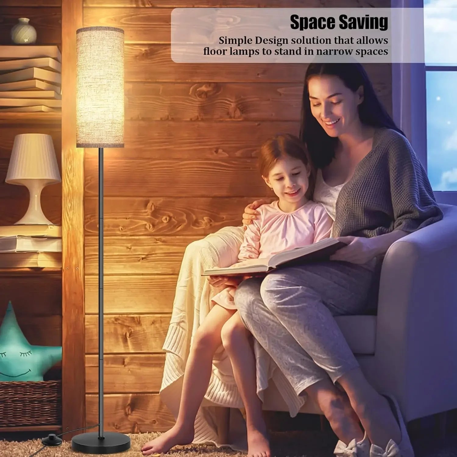 Lampadaire minimaliste métal avec variateur LED et abat - jour lin naturel - Lumeria