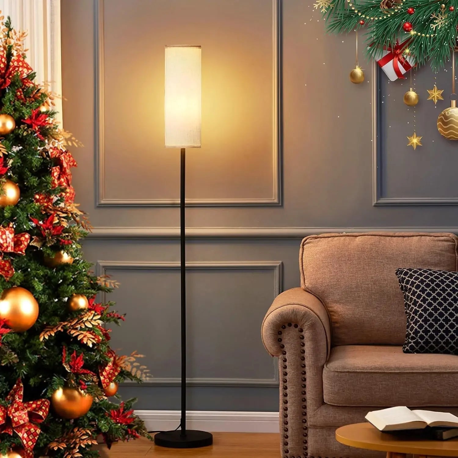 Lampadaire minimaliste métal avec variateur LED et abat - jour lin naturel - Lumeria