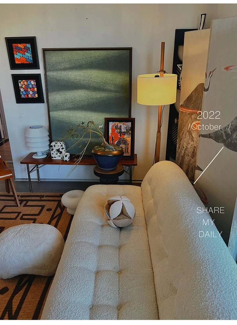 Lampadaire scandinave bois massif avec abat - jour en tissu naturel LED - Lumeria