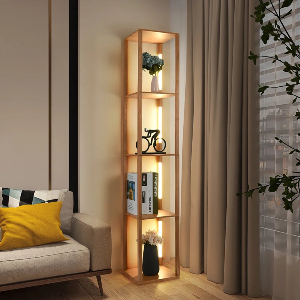 Lampadaire scandinave en bois à LED orientables avec étagère - Lumeria