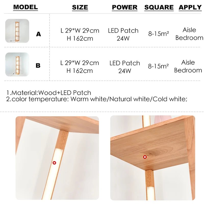 Lampadaire scandinave en bois à LED orientables avec étagère - Lumeria