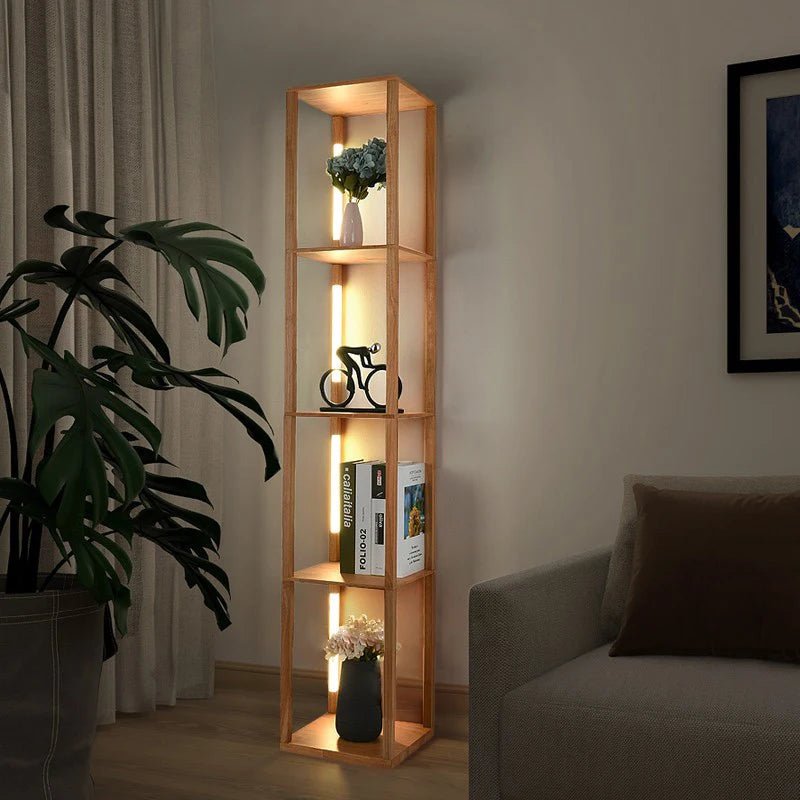 Lampadaire scandinave en bois à LED orientables avec étagère - Lumeria