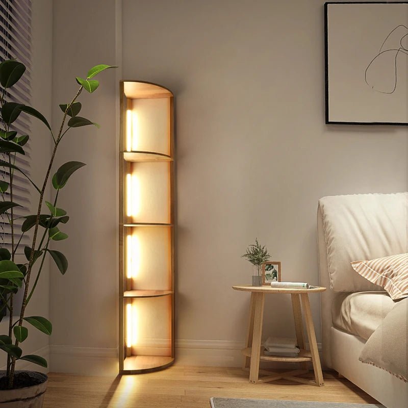 Lampadaire scandinave en bois à LED orientables avec étagère - Lumeria