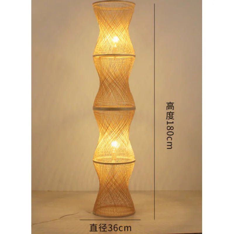 Lampadaire tactile en bambou tressé à abat - jour métal Japandi - Lumeria