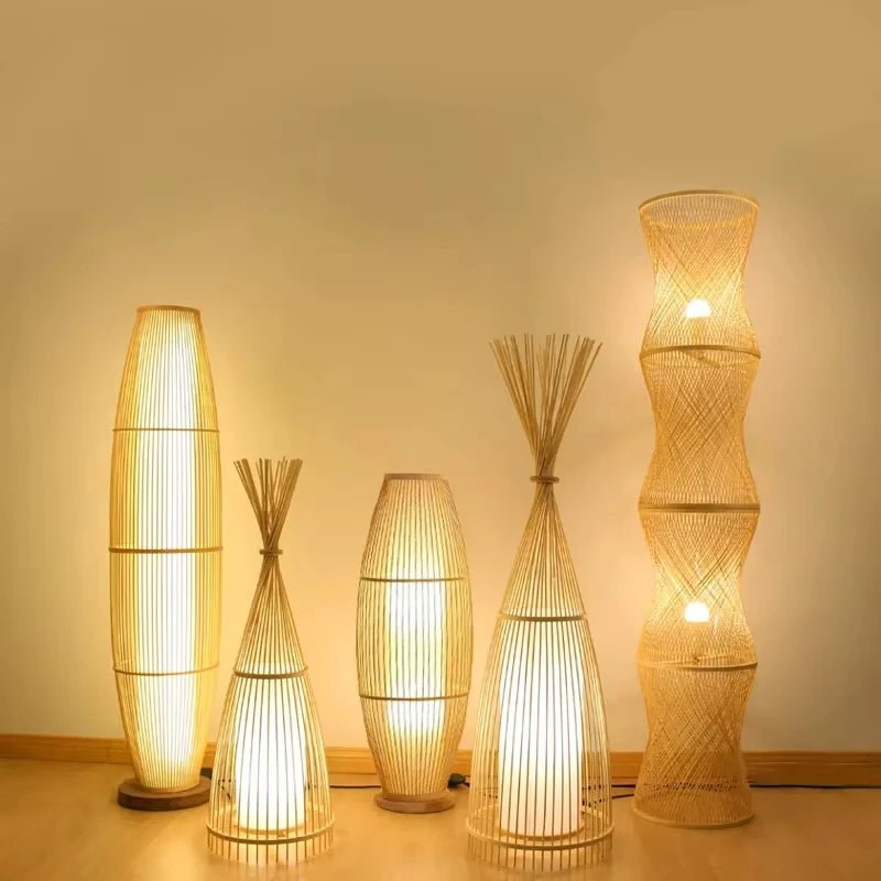 Lampadaire tactile en bambou tressé à abat - jour métal Japandi - Lumeria