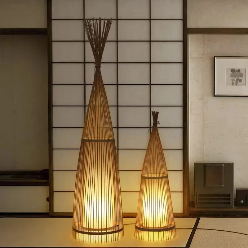 Lampadaire tactile en bambou tressé à abat - jour métal Japandi - Lumeria