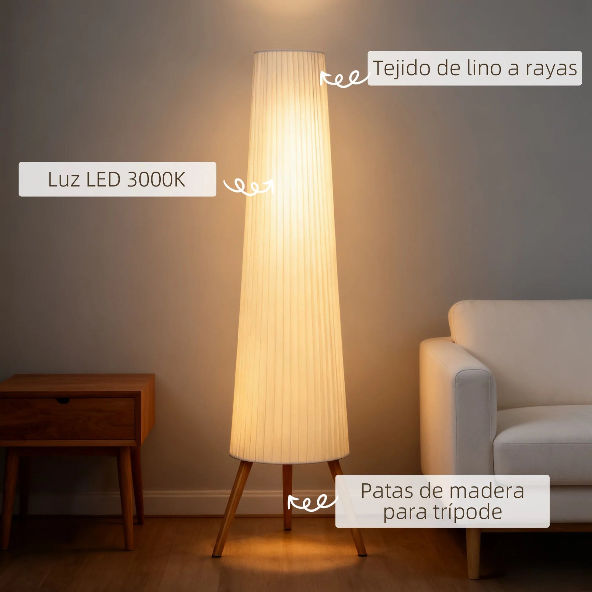 Lampadaire trépied bois naturel avec variateur blanc en tissu - Lumeria