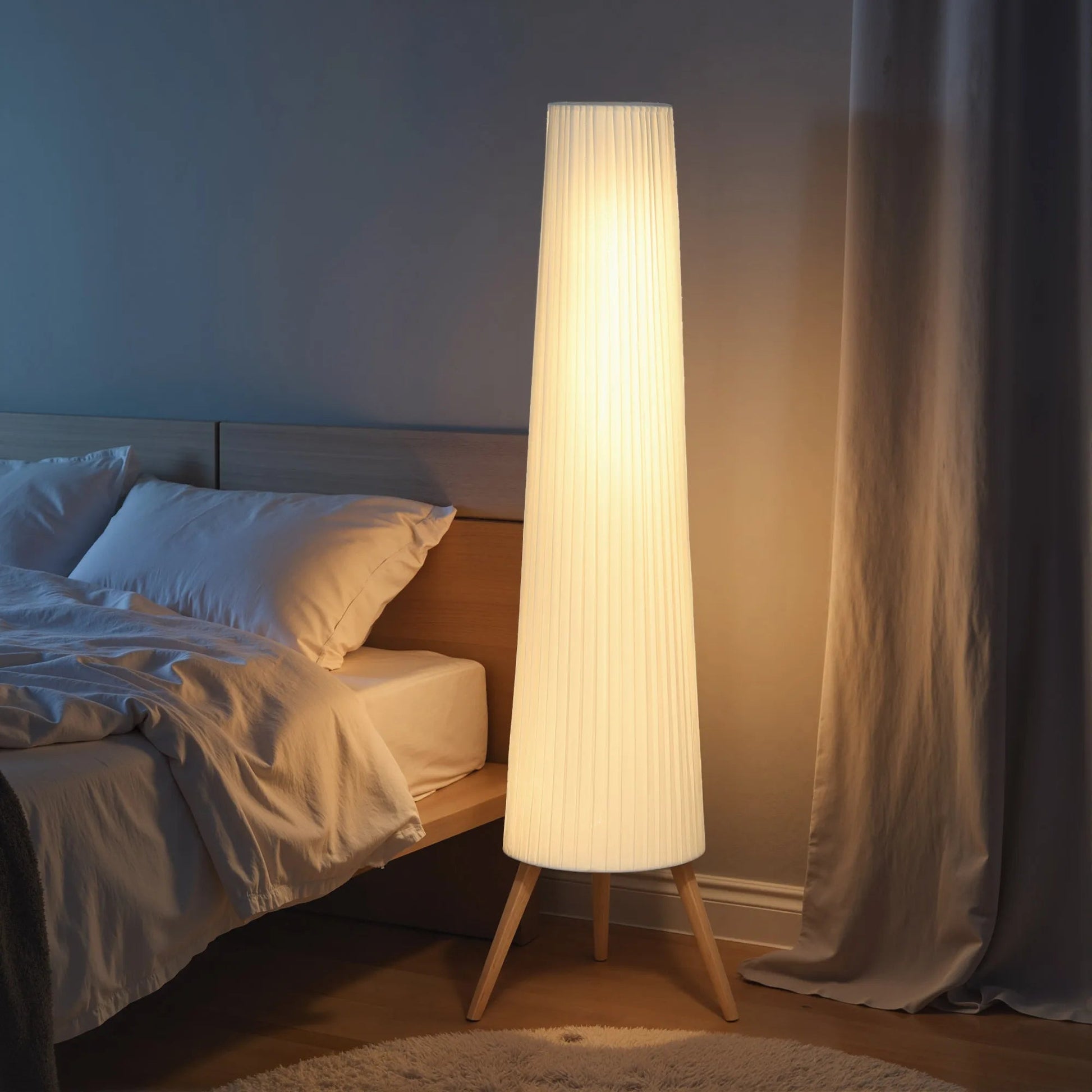 Lampadaire trépied bois naturel avec variateur blanc en tissu - Lumeria