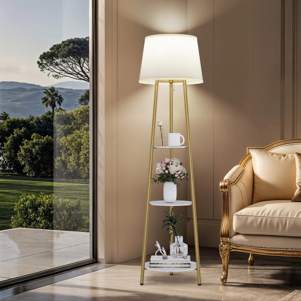 Lampadaire trépied métal doré à étagères pierre frittée dimmable - Lumeria