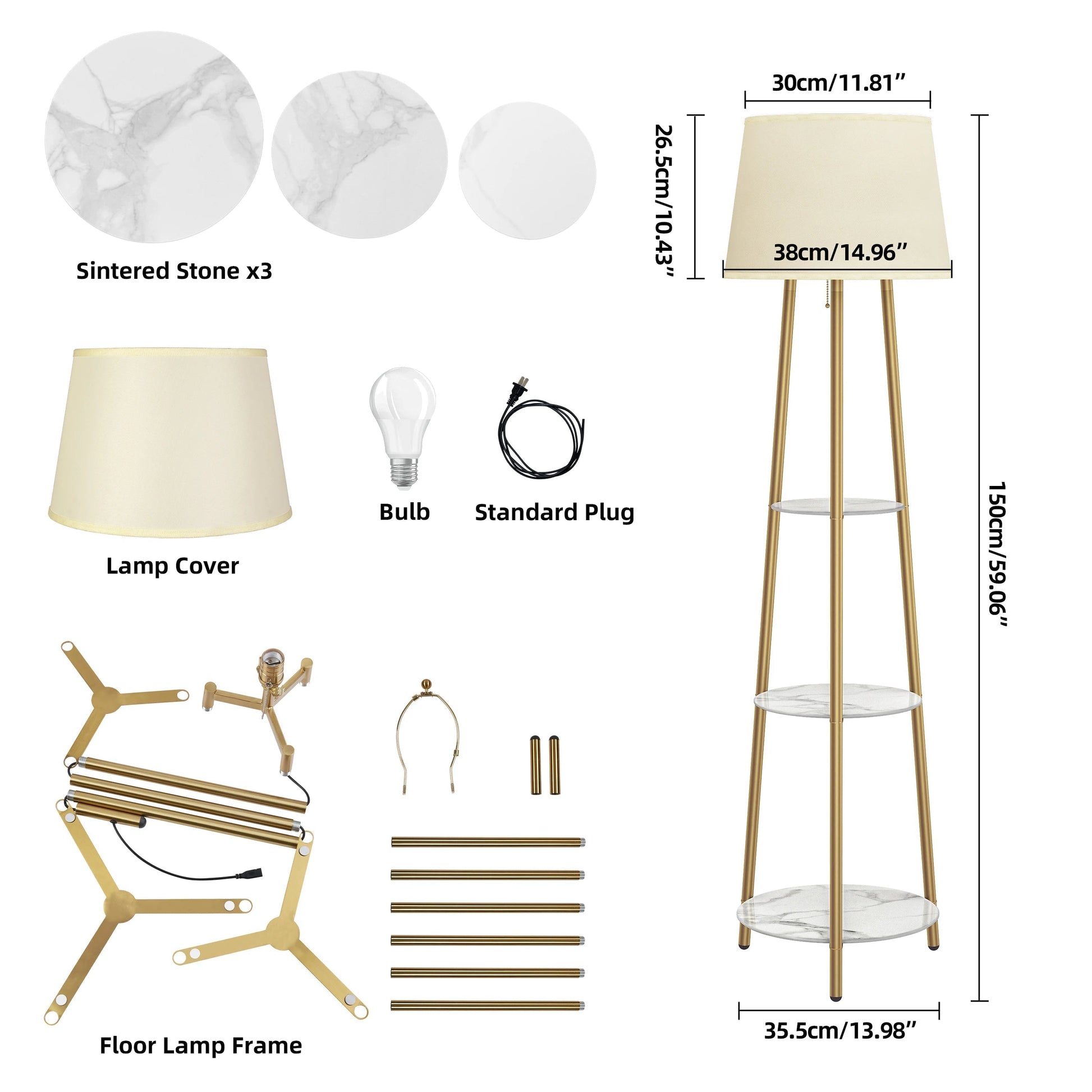 Lampadaire trépied métal doré à étagères pierre frittée dimmable - Lumeria