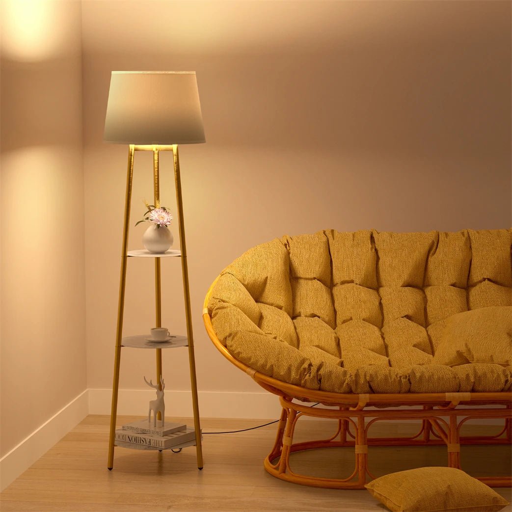 Lampadaire trépied métal doré à étagères pierre frittée dimmable - Lumeria