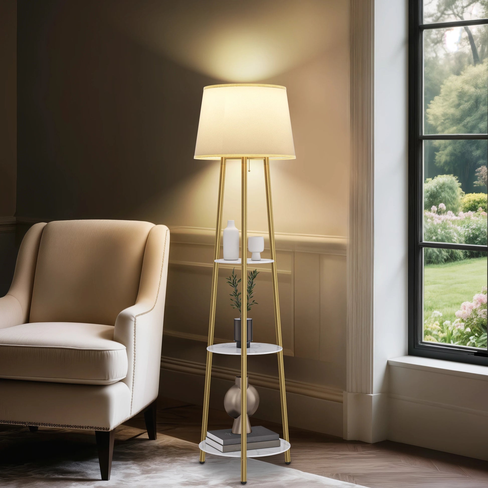 Lampadaire trépied métal doré à étagères pierre frittée dimmable - Lumeria