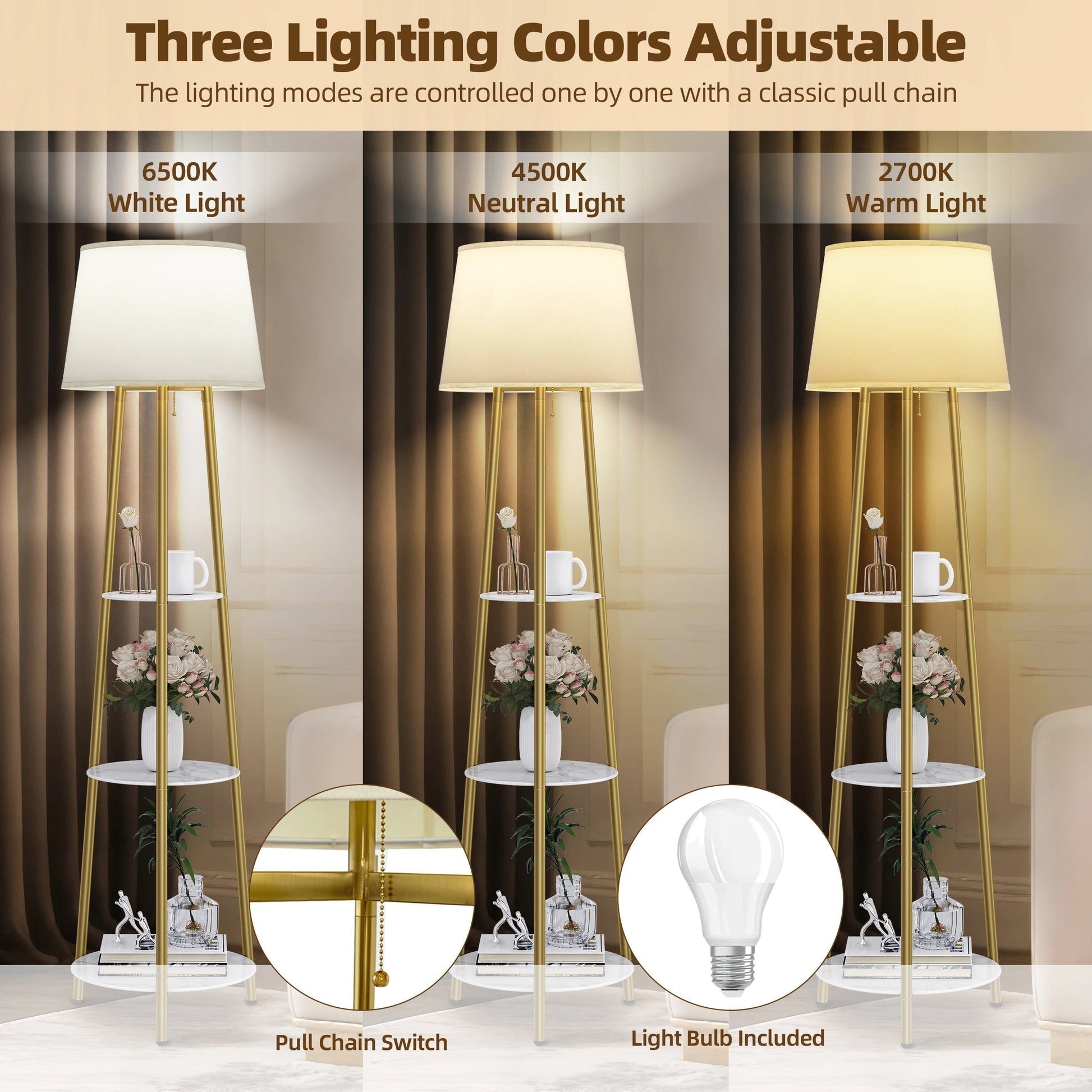 Lampadaire trépied métal doré à étagères pierre frittée dimmable - Lumeria