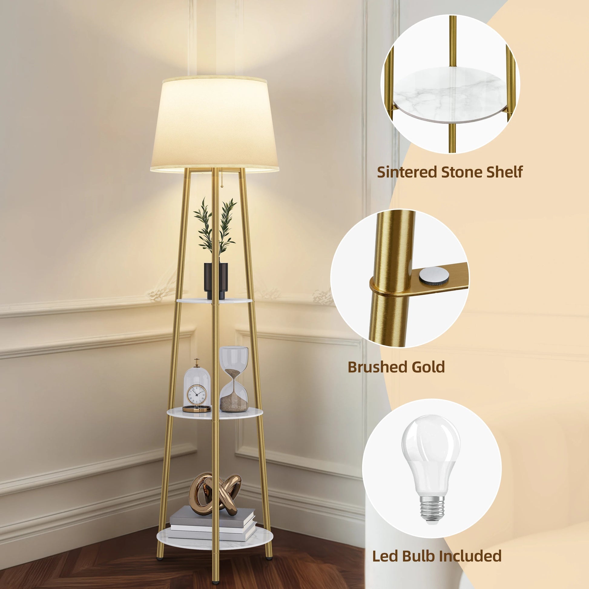 Lampadaire trépied métal doré à étagères pierre frittée dimmable - Lumeria