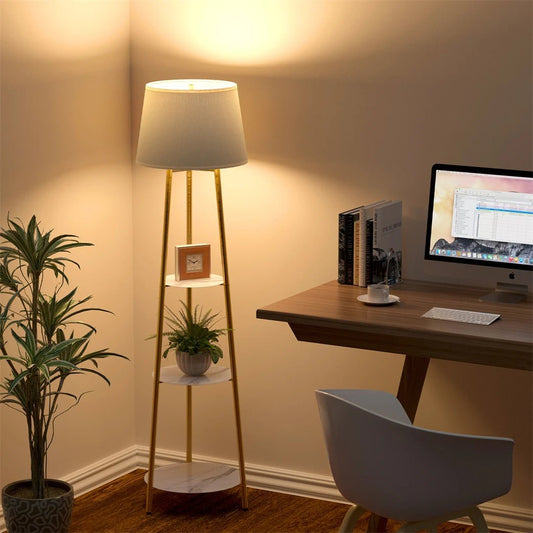 Lampadaire trépied métal doré à étagères pierre frittée dimmable - Lumeria