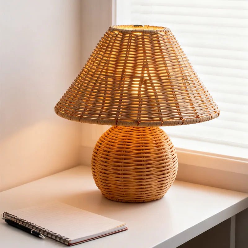 Lampe de bureau en bambou tressé avec éclairage LED doux et port USB - Lumeria