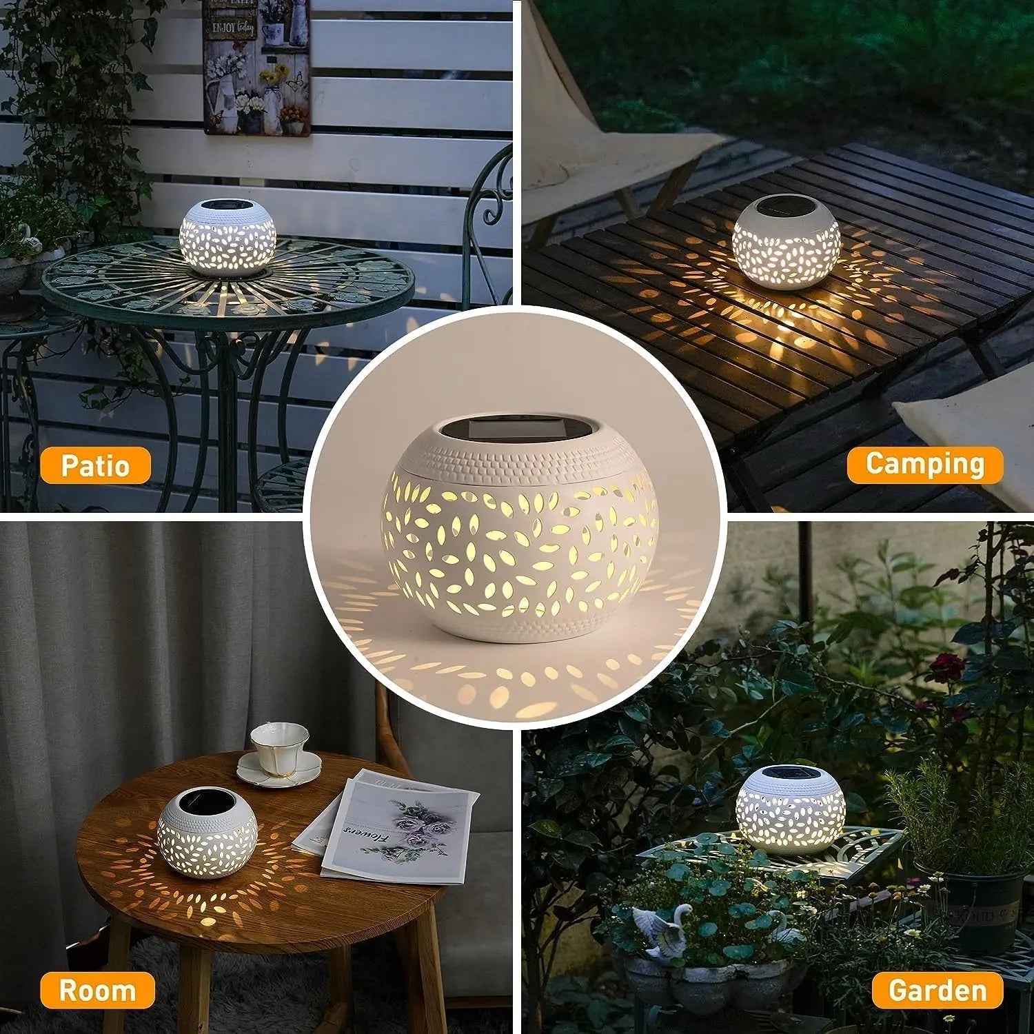 Lampe solaire de table en métal évidé avec lumière chaude pour extérieur - Lumeria