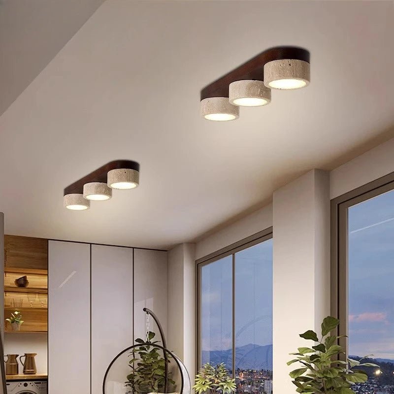 Plafonnier LED à pierre naturelle brute et bois de noyer et frêne - Lumeria