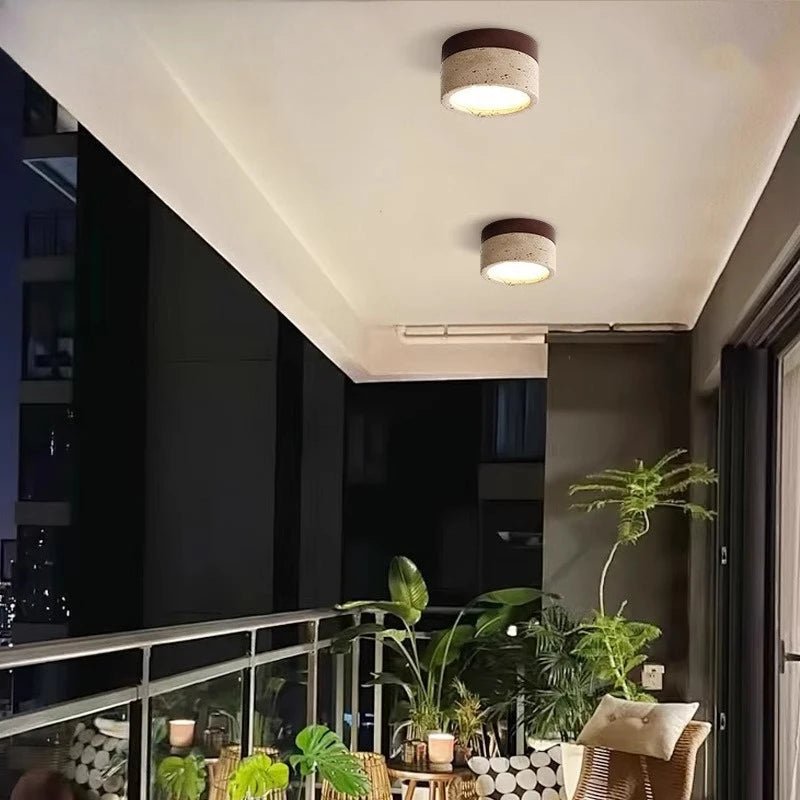 Plafonnier LED à pierre naturelle brute et bois de noyer et frêne - Lumeria