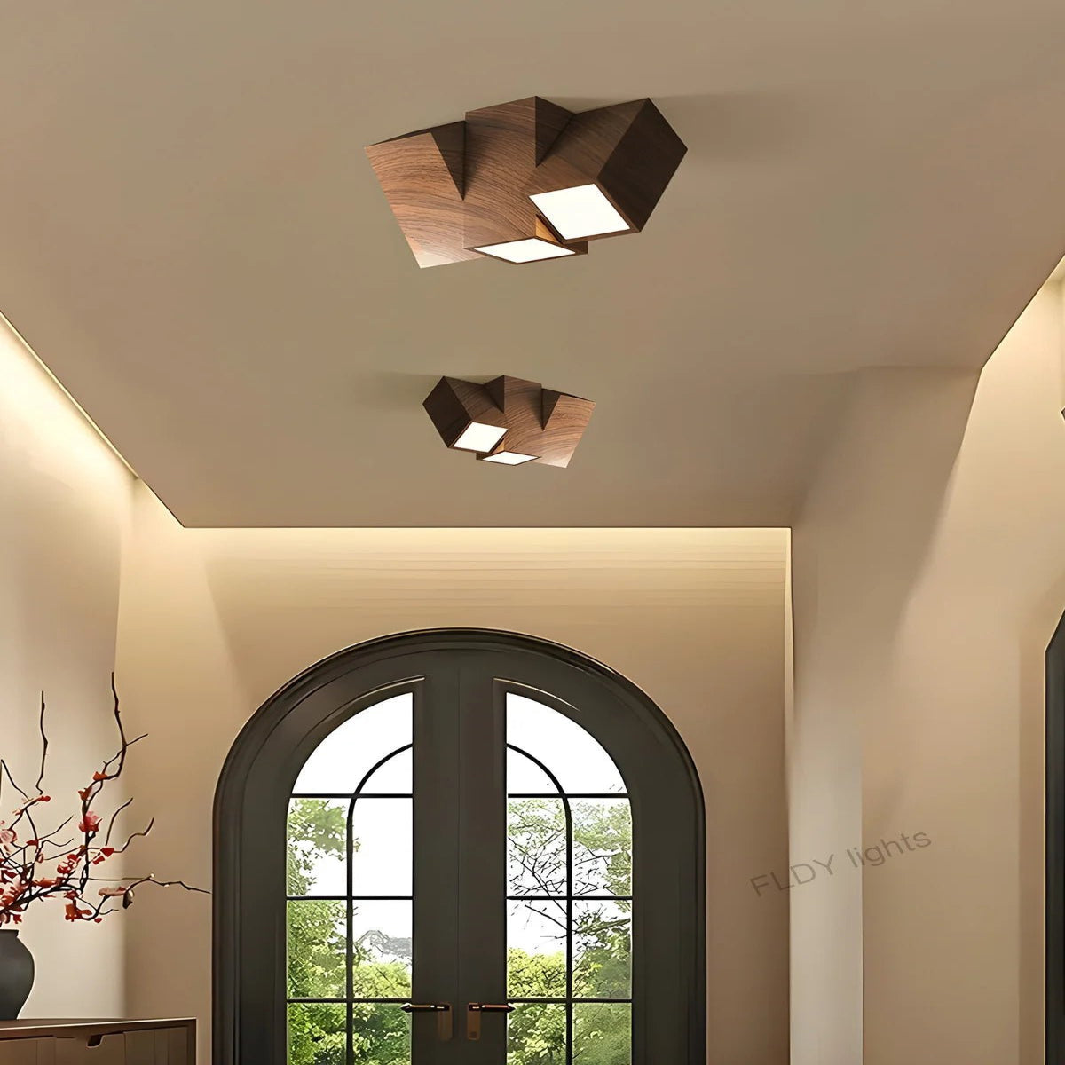 Plafonnier LED en fer forgé finition noyer lumière chaude intégrée - Lumeria