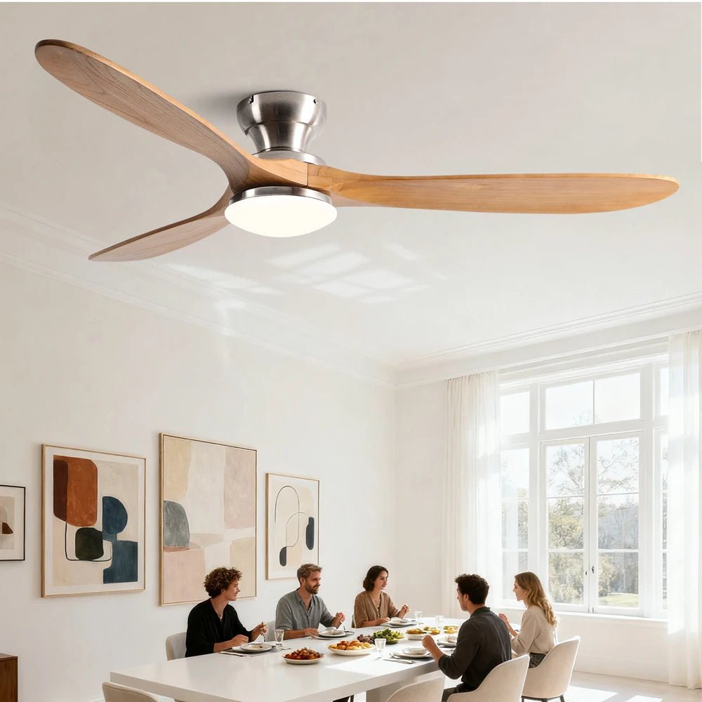 Plafonnier ventilateur à pales bois massif avec éclairage LED télécommande - Lumeria