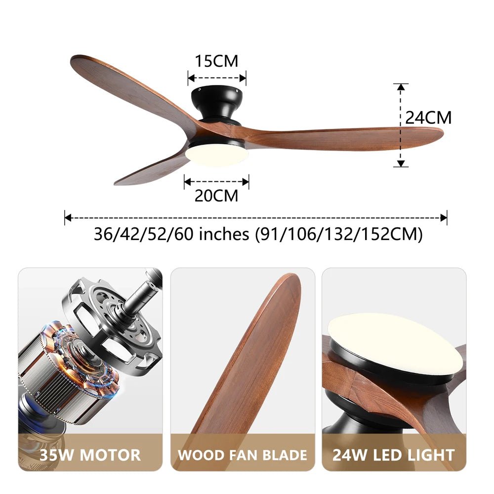 Plafonnier ventilateur à pales bois massif avec éclairage LED télécommande - Lumeria