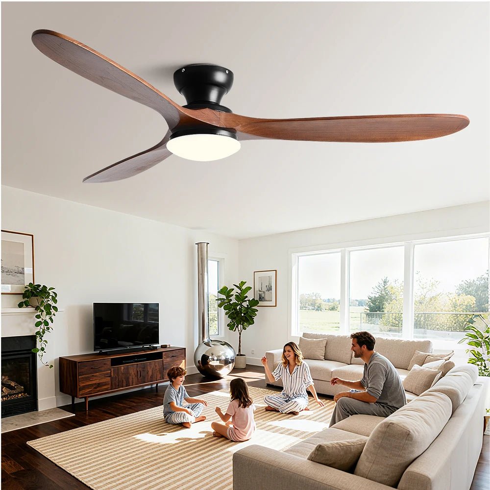 Plafonnier ventilateur à pales bois massif avec éclairage LED télécommande - Lumeria