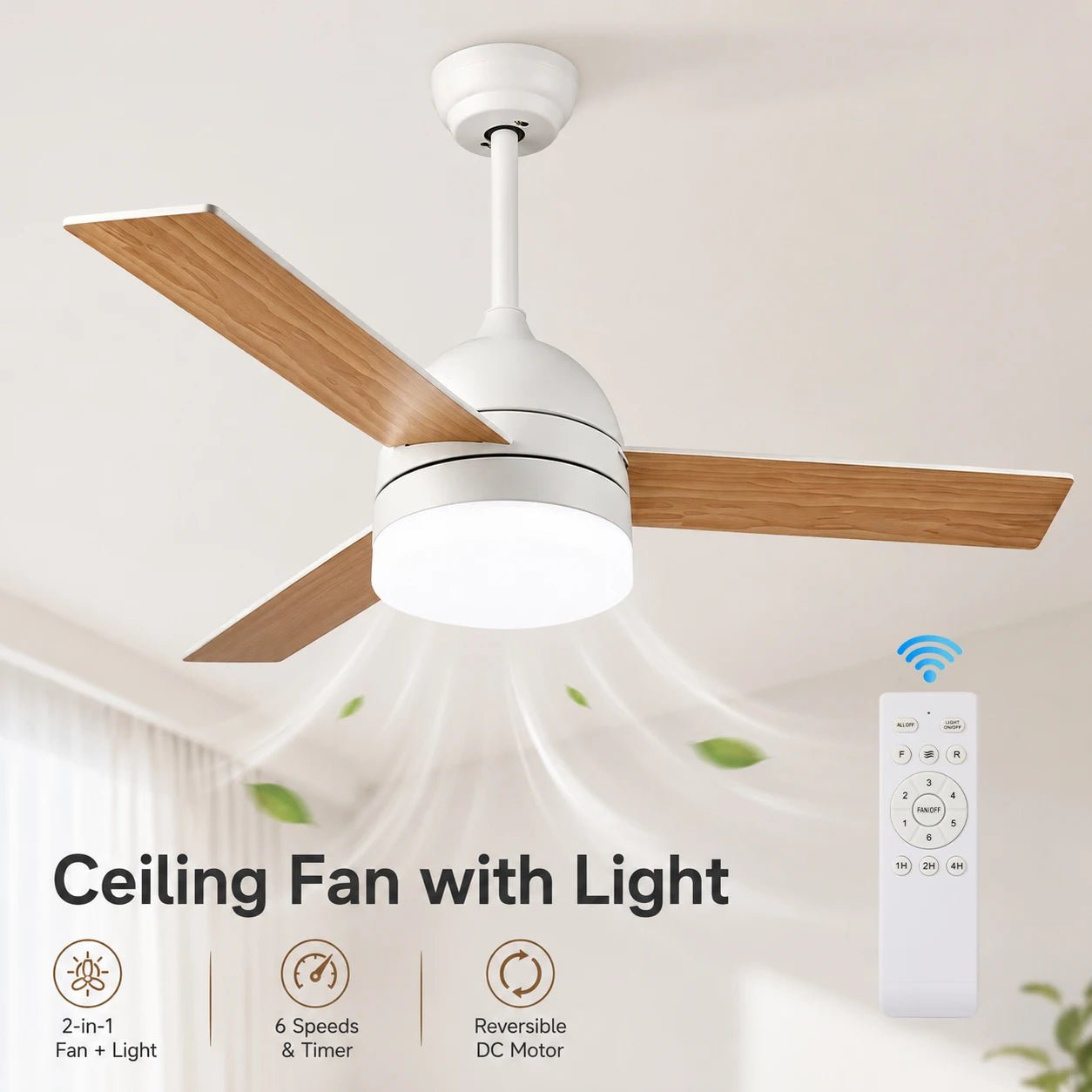 Plafonnier ventilateur LED avec télécommande, lumière dimmable et 6 vitesses réversibles - Lumeria