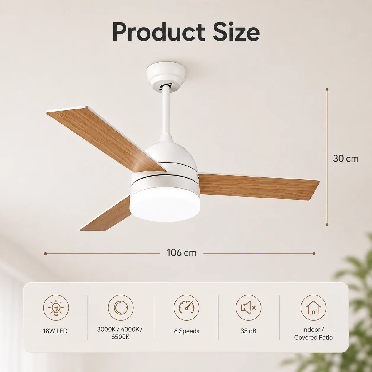Plafonnier ventilateur LED avec télécommande, lumière dimmable et 6 vitesses réversibles - Lumeria