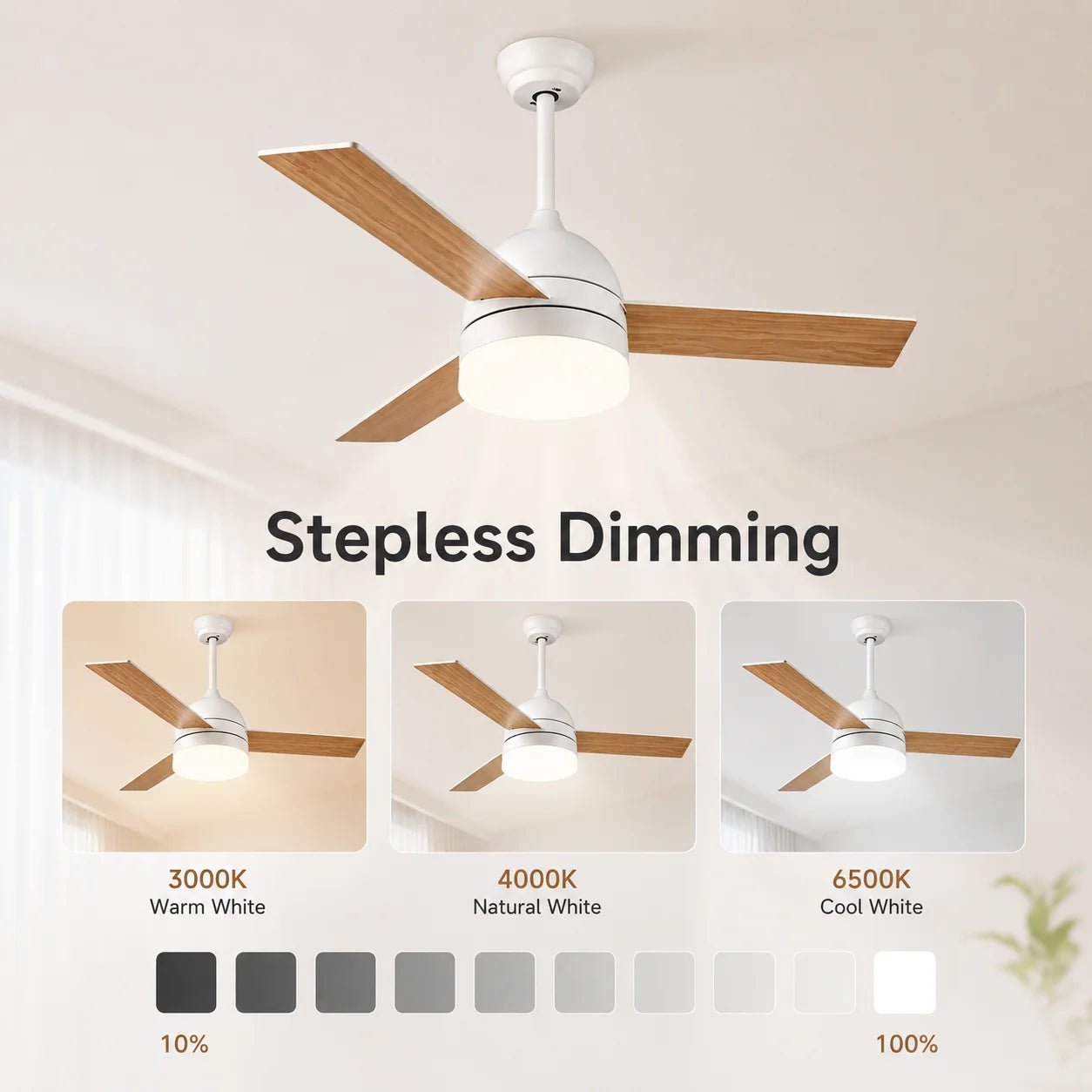 Plafonnier ventilateur LED avec télécommande, lumière dimmable et 6 vitesses réversibles - Lumeria