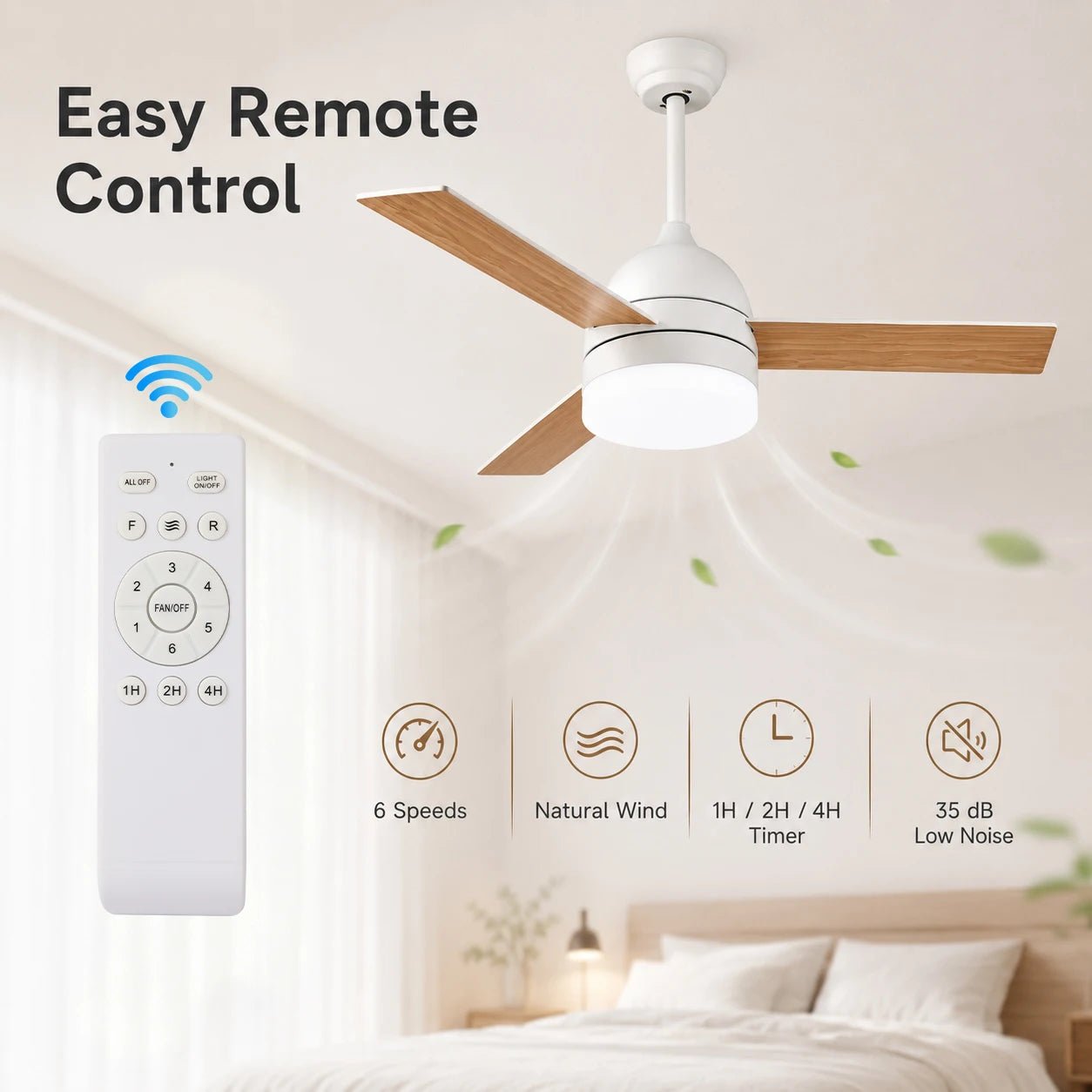 Plafonnier ventilateur LED avec télécommande, lumière dimmable et 6 vitesses réversibles - Lumeria