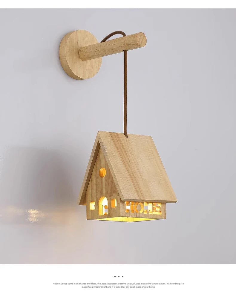 Solid Wood Small House Chandeliers Children's Bedroom Bedside Lamps Minimalist Log Style Nursery Boy Girl Bedroom Chandelier LED - Lumeria