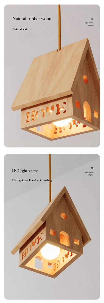 Solid Wood Small House Chandeliers Children's Bedroom Bedside Lamps Minimalist Log Style Nursery Boy Girl Bedroom Chandelier LED - Lumeria