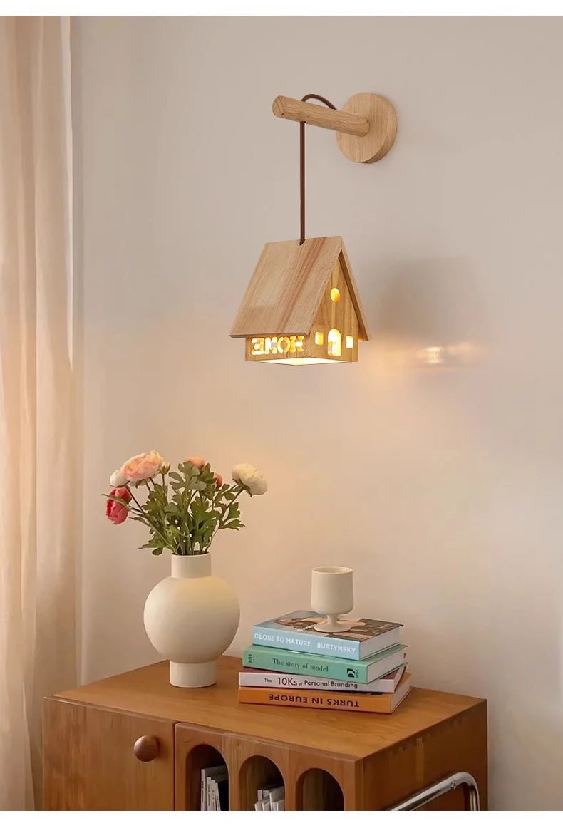 Solid Wood Small House Chandeliers Children's Bedroom Bedside Lamps Minimalist Log Style Nursery Boy Girl Bedroom Chandelier LED - Lumeria