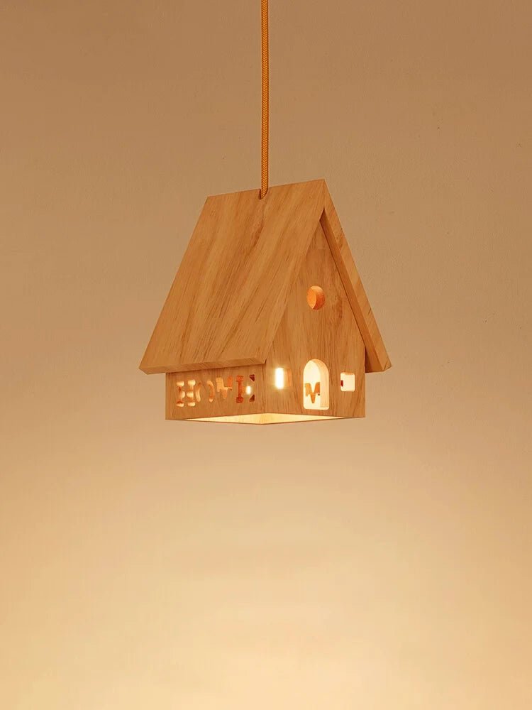 Solid Wood Small House Chandeliers Children's Bedroom Bedside Lamps Minimalist Log Style Nursery Boy Girl Bedroom Chandelier LED - Lumeria